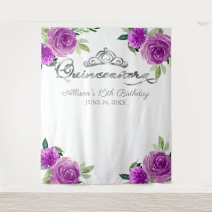 Quinceanera Silber-Tiara violetter Blumenhintergru Wandteppich
