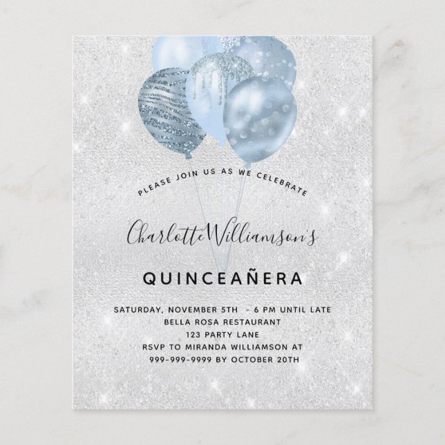 Quinceanera Silberblauer Glitzer Einladung (Vorderseite)