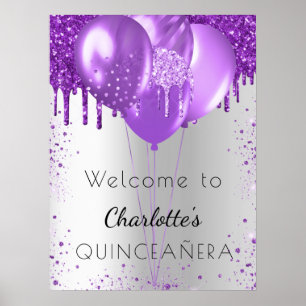 Quinceanera silberne lila Glitter-Willkommensballo Poster