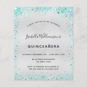 Quinceanera silbernes Teal-Glitter Budget-Einladun Flyer