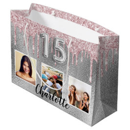 Quinceanera silberrot Glitzer Foto Name Große Geschenktüte