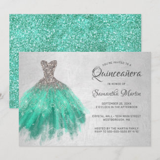 Quinceanera Silver Aqua Dress on Silver Aquamarine Einladung