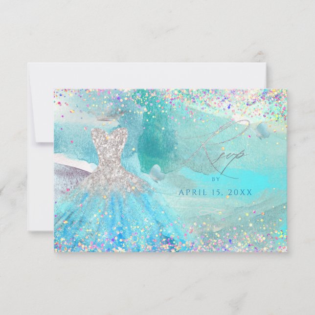 Quinceanera Silver Aqua Glitzer RSVP-Karte Einladung (Vorderseite)
