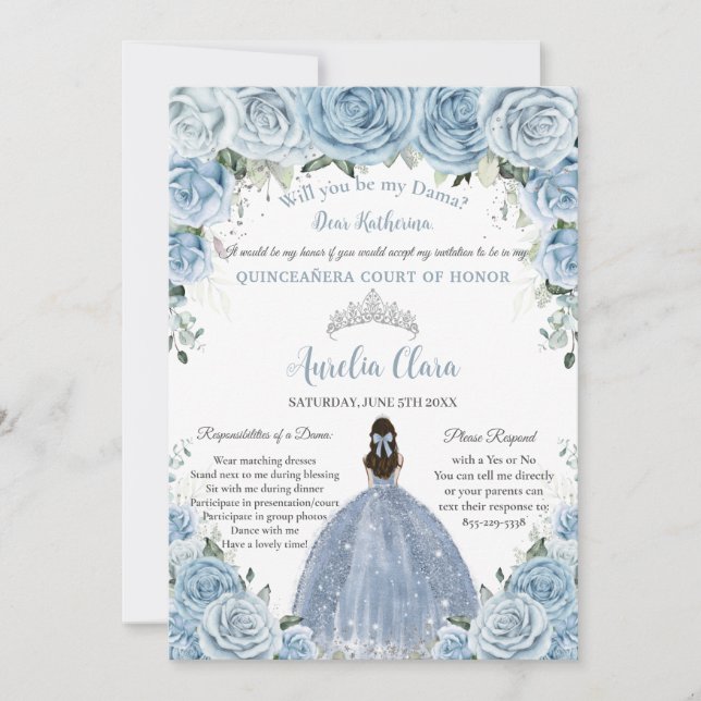 Quinceañera Silver Baby Blue Floral Dama Request Einladung (Vorderseite)