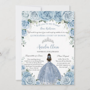 Quinceañera Silver Baby Blue Floral Dama Request Einladung