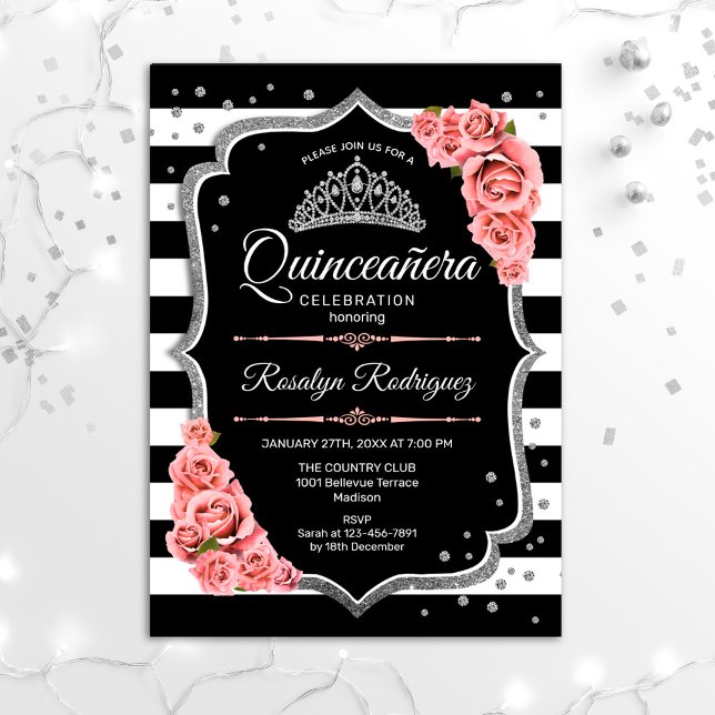 Quinceanera - Silver Black Blush Pink Einladung (Von Creator hochgeladen)