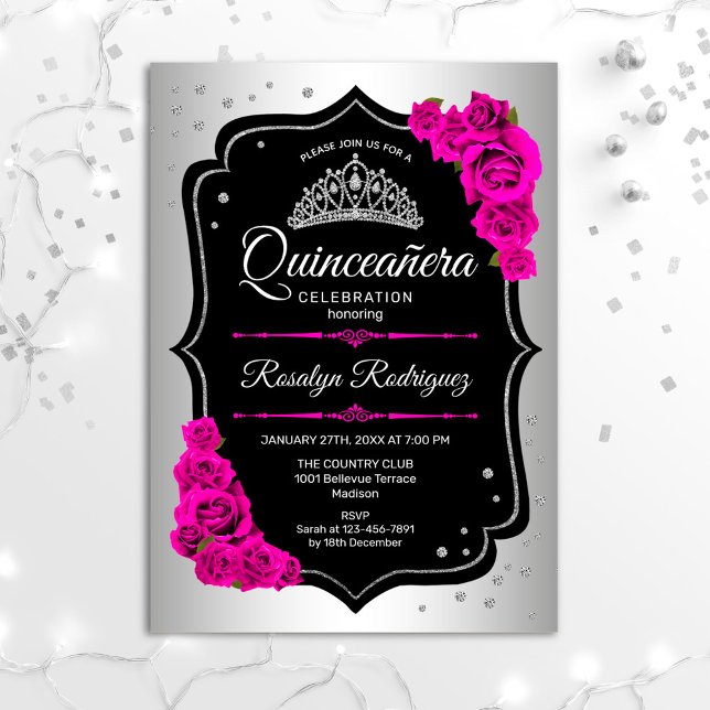 Quinceanera - Silver Black Pink Einladung (Von Creator hochgeladen)