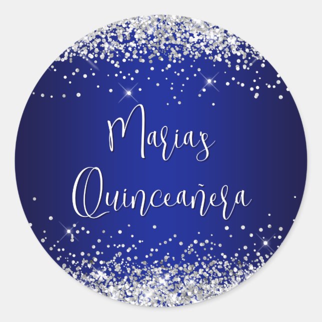 Quinceañera Silver Glitter Royal Blue Navy Ombre Runder Aufkleber (Vorderseite)