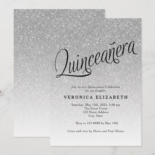 Quinceanera Silver Glitzer Geburtstagseinladung Einladung (Vorne/Hinten)