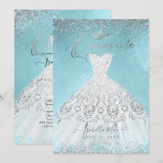 Quinceanera Silver Glitzer Gown, DIY Blue Einladung