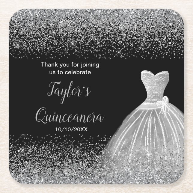 Quinceanera Silver Imitats Glitzer Rechteckiger Pappuntersetzer (Vorderseite)