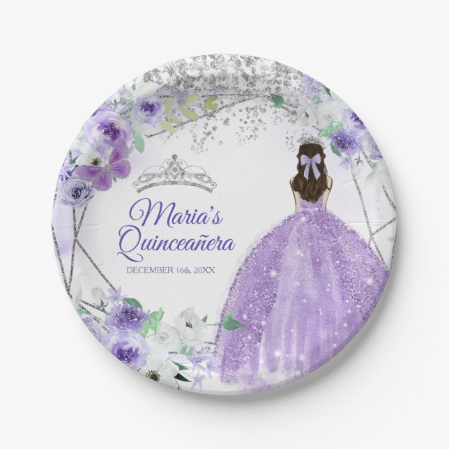 Quinceañera Silver & Purple Blumen Aquarell Pappteller (Vorderseite)