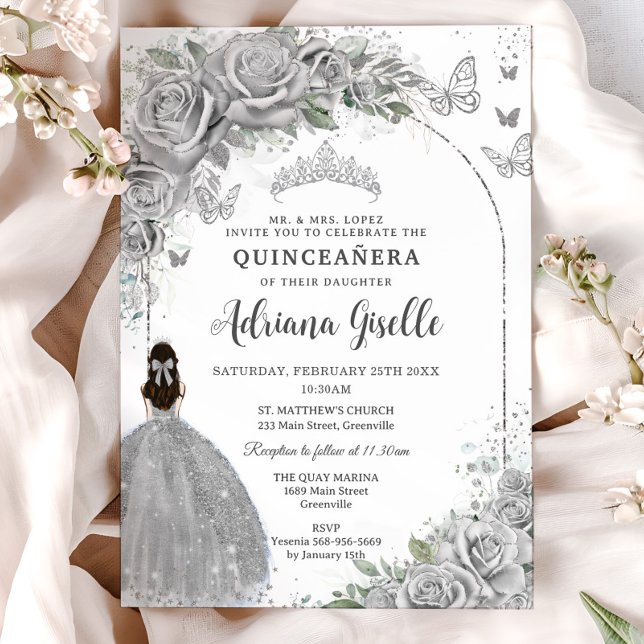Quinceañera Silver Rose Blumenkleid P Einladung (silver-floral-flowers-roses-butterflies-brunette-princess-silver-crown-dress-Quinceañera-invitation)