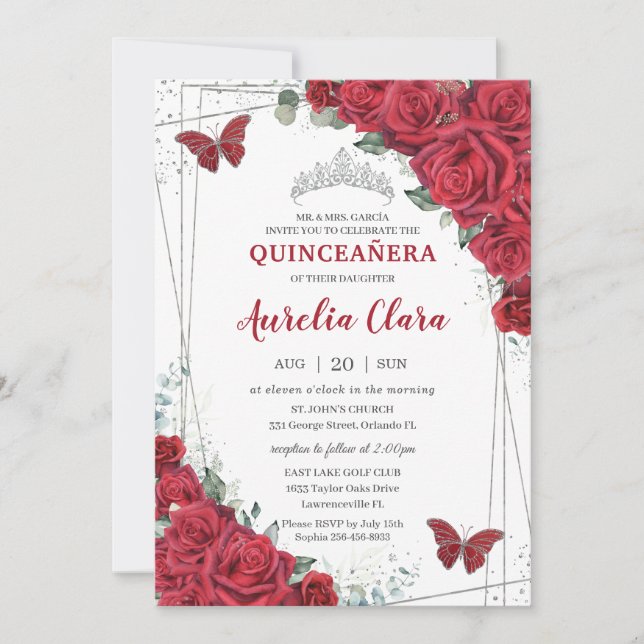 Quinceañera Silver Rote Rosen Blumenschmetterlinge Einladung (Vorderseite)