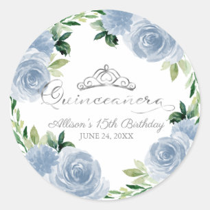 Quinceanera Silver Tiara Light Blue Floral Runder Aufkleber
