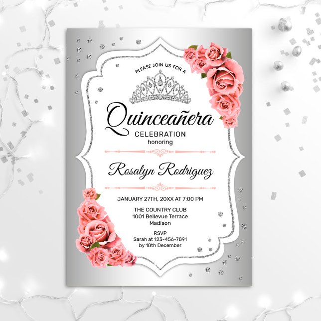 Quinceanera - Silver White Blush Pink Einladung (Von Creator hochgeladen)