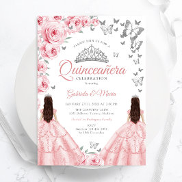 Quinceanera Silver White Pink Floral Twins Einladung