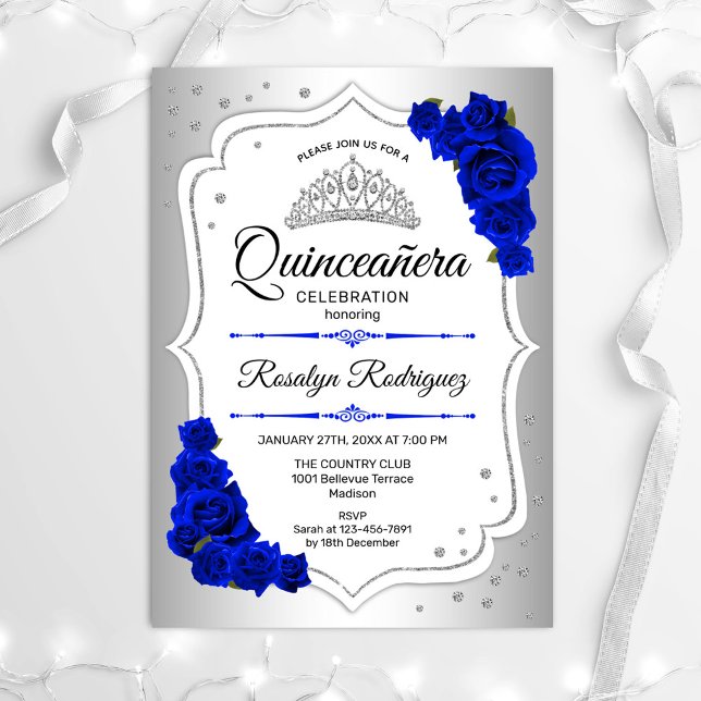 Quinceanera - Silver White Royal Blue Einladung (Von Creator hochgeladen)
