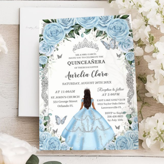 Quinceañera Sky Blue Floral Gown Prinzessin Silver Einladung (Von Creator hochgeladen)