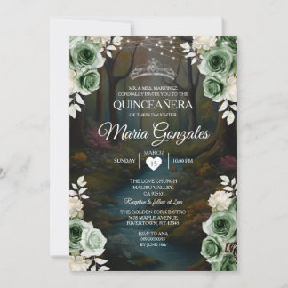 Quinceañera Smaragdgrün verzauberter Wald Flora Einladung