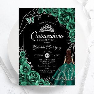 Quinceanera-Smaragdgrünes Silberkleid Floral Einladung
