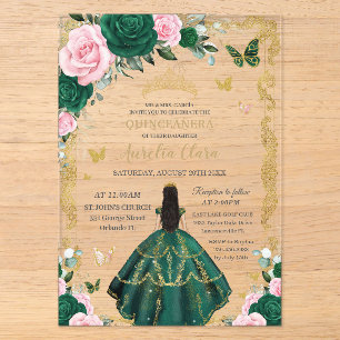 Quinceañera Smaragdrosa Floral Schwarz Haar Gold Acryleinladungen