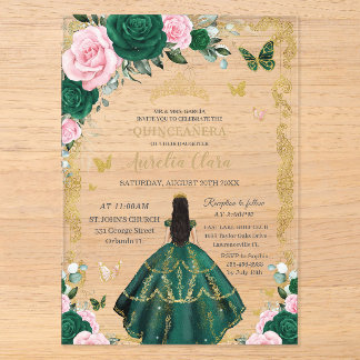 Quinceañera Smaragdrosa Floral Schwarz Haar Gold Acryleinladungen