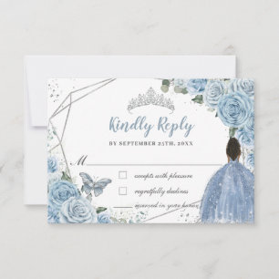 Quinceañera Soft Baby Blue Floral Brown Princess RSVP Karte