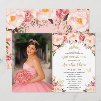 Quinceañera Soft Blush Floral Gold Tiara Butterfly Einladung