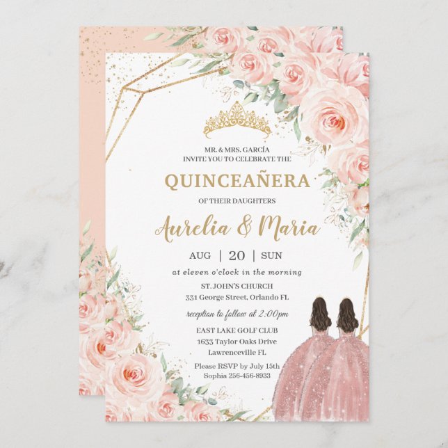 Quinceañera Soft Blush Rose Blume Twins Einladung (Vorne/Hinten)