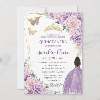 Quinceañera Soft Lila Pink Floral Brown Princess Einladung