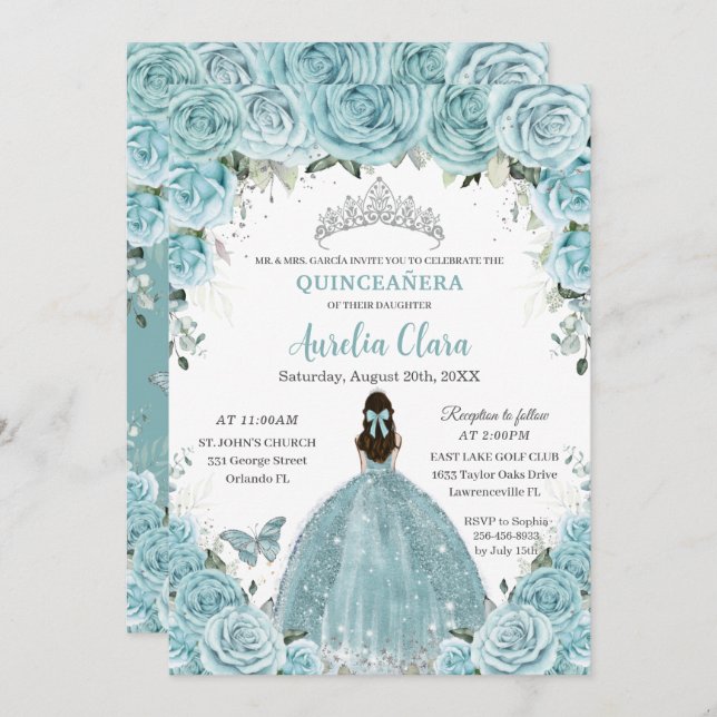 Quinceañera Soft Turquoise Floral Silver Crown Einladung (Vorne/Hinten)