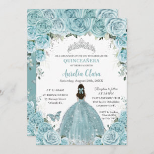 Quinceañera Soft Turquoise Floral Silver Crown Einladung