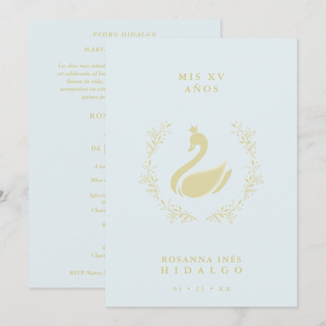 Quinceañera Spanish Blue & Gold Romantic Swan Einladung (Vorne/Hinten)