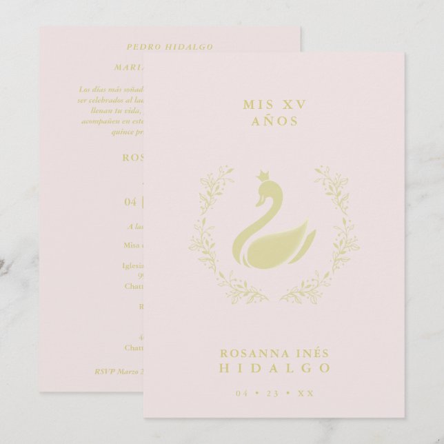 Quinceañera Spanish Pink & Gold Romantic Swan Einladung (Vorne/Hinten)