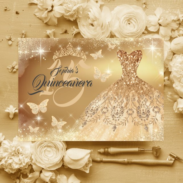 Quinceanera Sparkle Gold Butterfly Kleid Einladung (Von Creator hochgeladen)