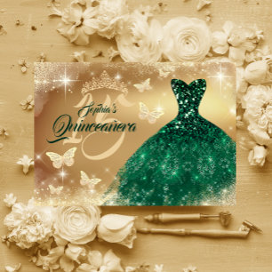 Quinceanera Sparkle Gold Smaragdkleid Einladung
