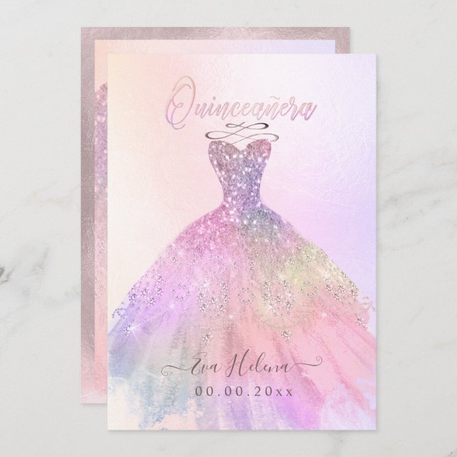 Quinceañera , Sparkle Gown, Baumwolle Candy Einladung (Vorne/Hinten)