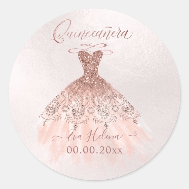 Quinceañera , Sparkle Gown, Imitate Rose Gold Runder Aufkleber (Vorderseite)