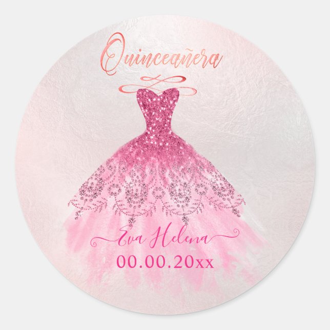 Quinceañera , Sparkle Gown, Ombre Pink Cherry Runder Aufkleber (Vorderseite)