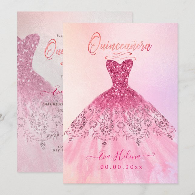 Quinceañera , Sparkle Gown, Pink Cherry Ombre Einladung (Vorne/Hinten)