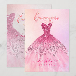Quinceañera , Sparkle Gown, Pink Cherry Ombre Einladung