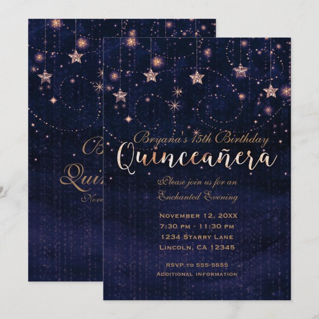 Quinceañera Starry Night Lila & Gold Whimsical Einladung (Vorne/Hinten)