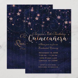 Quinceañera Starry Night Lila & Gold Whimsical Einladung