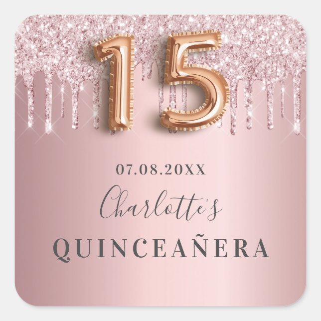 Quinceanera staubige Rose rosa Glitzer Monogramm Quadratischer Aufkleber (Vorderseite)