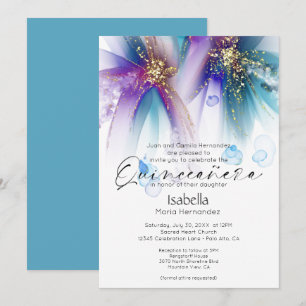Quinceanera Striking Türkis Lila Abstract Einladung