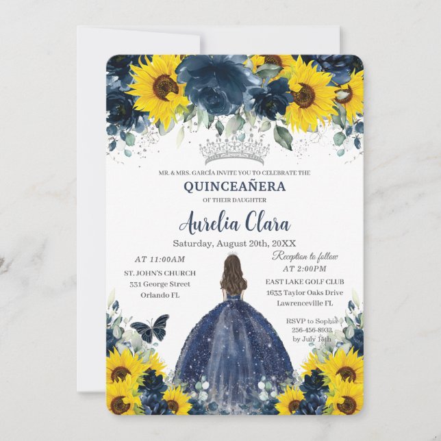 Quinceañera Sunflower Navy BlumenPrinzessin Einladung (Vorderseite)