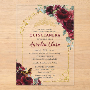 Quinceanera Sweet 15 16 Burgund Rot Florales Golde Acryleinladungen