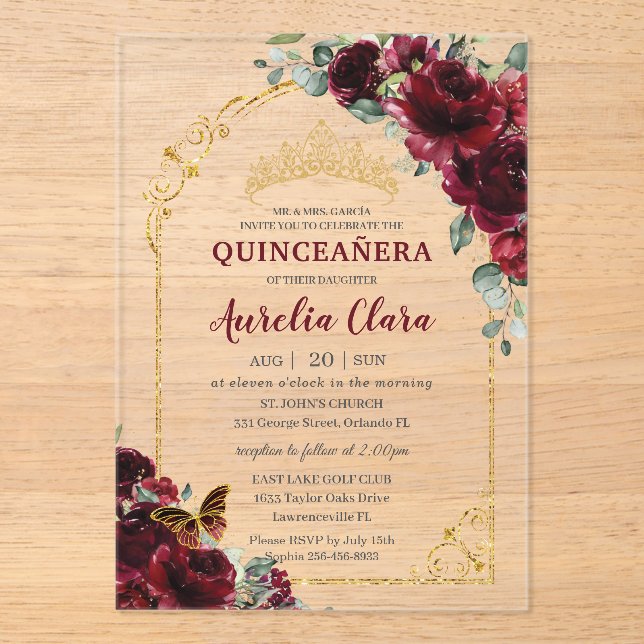 Quinceanera Sweet 15 16 Burgundy Floral Gold Arch Acryleinladungen (Vorderseite)