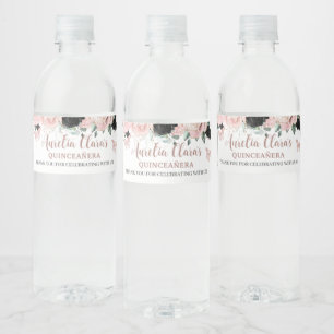 Quinceañera Sweet 16 Birthday Black Blush Bloral Wasserflaschenetikett